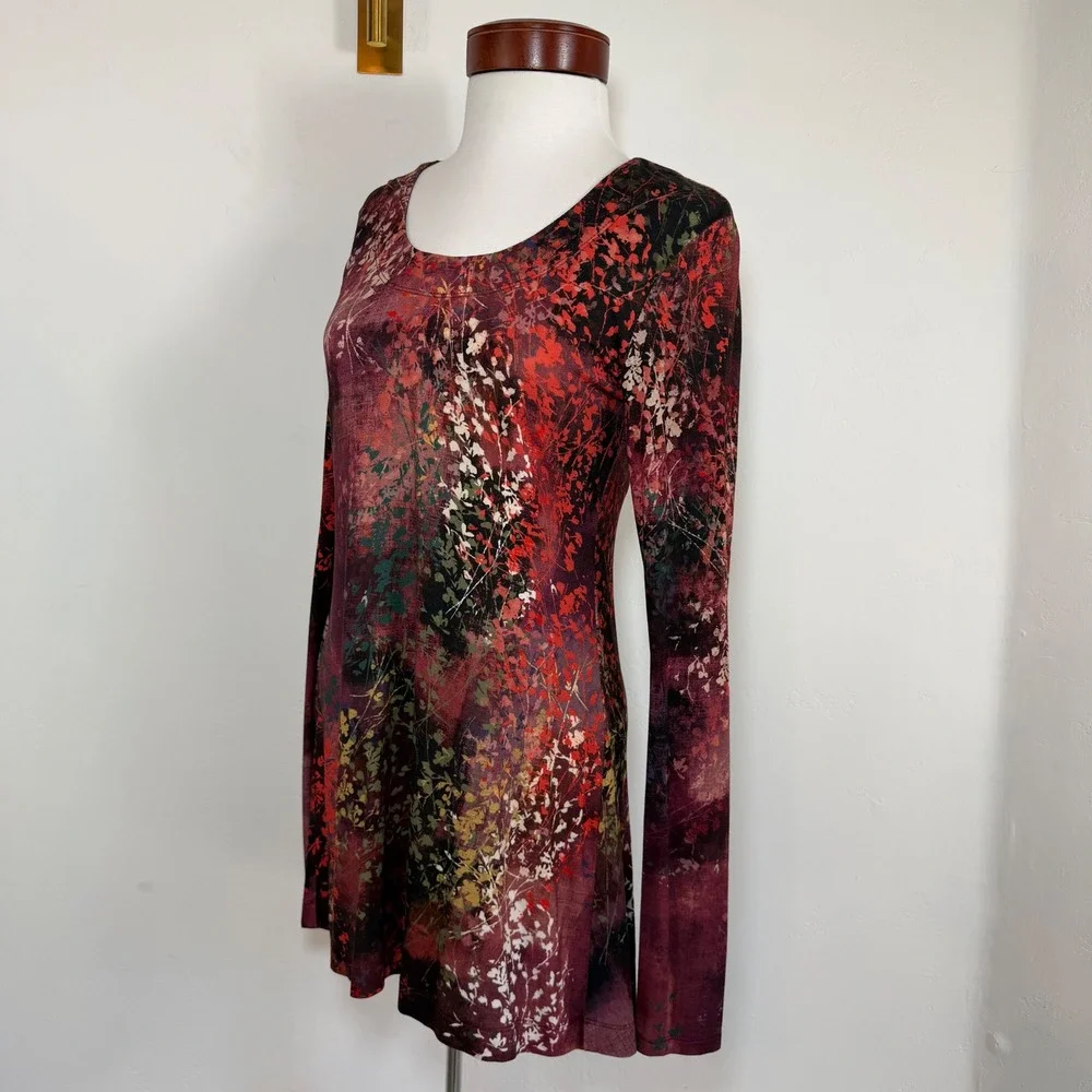 Peruvian Connection Floral Print Tunic Dress Burgundy Small Boho Art To Wear - Picture 5 of 13
